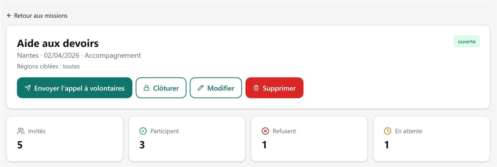 Une mission dans Soma : appel à volontaires envoyé, compteurs des participants, refus et réponses en attente